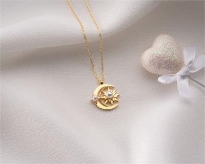 925 Ayar Papatya Silver Ay Güneş Beyaz İncili Kolye.rose.gold.rodaj