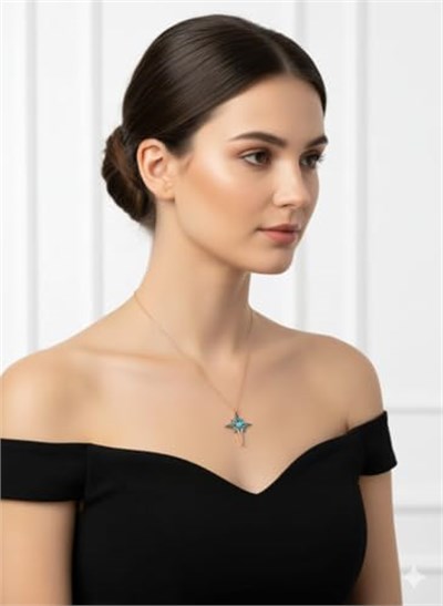 925 Ayar Papatya Silver Mavi Opal Akışlı Kutup Yıldızı Kolye.rose.gold.rodaj