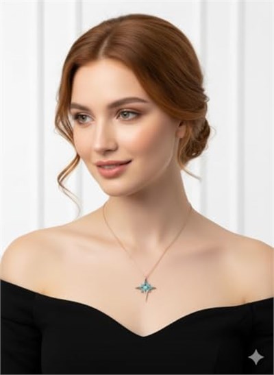 925 Ayar Papatya Silver Mavi Opal Akışlı Kutup Yıldızı Kolye.rose.gold.rodaj