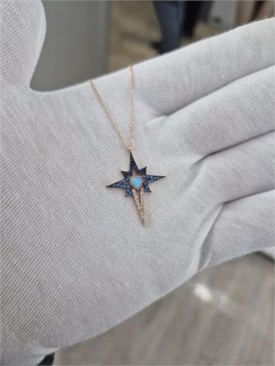 925 Ayar Papatya Silver Mavi Opal Akışlı Kutup Yıldızı Kolye.rose.gold.rodaj
