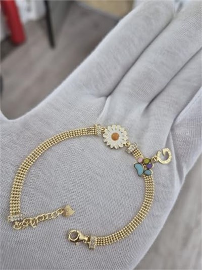 925 Ayar Papatya Silver Tırnak Makası Örme Zincir Patili Harfli Papatya Bileklik.rose.gold.rodaj