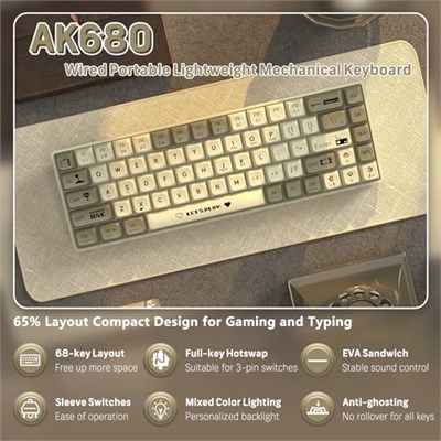 A.JAZZ AK680 65% Kablolu Hotswap Mekanik Oyun Klavyesi,68 Tuşlu Taşınabilir Anti-Ghosting Klavye,Gökkuşağı Arkadan Aydınlatmalı Programlanabilir,EVA Sandviç,Ergonomik Tasarım,Kırmızı Anahtar-Gri