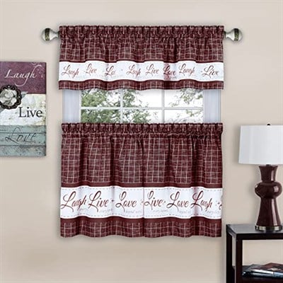 Achim Home Furnishings Live, Love, Laugh - Baskılı Kat & Kısa Perde Seti - 58x36 - Bordo