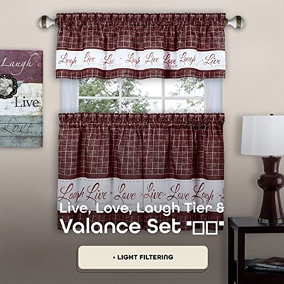 Achim Home Furnishings Live, Love, Laugh - Baskılı Kat & Kısa Perde Seti - 58x36 - Bordo