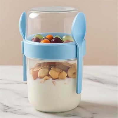 Açık Mavi Saklama Kabı – 2 Katlı Taşınabilir Yemek Kabı, Kaşık ve Çatal Dahil 18x10 cm