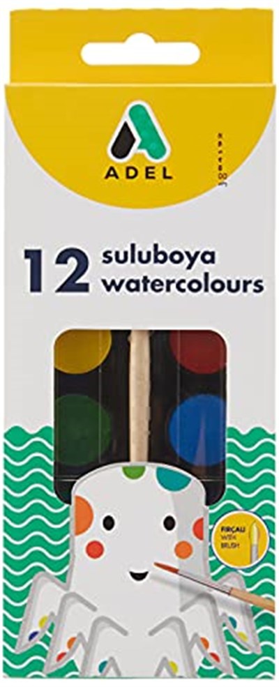 Adel Suluboya, 12 Renk, 24 mm Tablet, Canlı ve Parlak Renkler, Fırça İçerir - Bedenler: 24 Mm, 30Mm