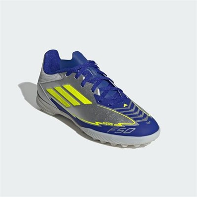 adidas Üniseks Çocuk F50 League Futbol Botu Turf Futbol Ayakkabısı, Gümüş Metalik Solar Sarı Lucid Blue, 32 EU