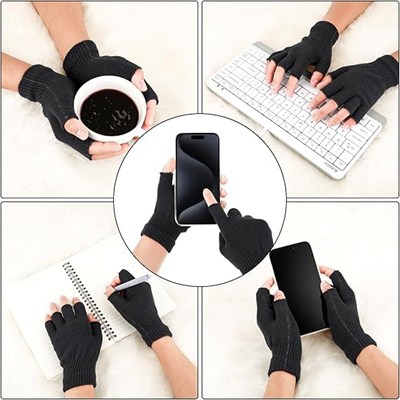 AEE® 2 Çift Yarım Parmak Eldiven – Örme Siyah Unisex Eldiven | Kesik Parmak Parmaksız Kışlık Erkek Kadın Eldiven