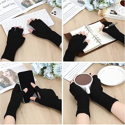 AEE® 2 Çift Yarım Parmak Eldiven – Örme Siyah Unisex Eldiven | Kesik Parmak Parmaksız Kışlık Erkek Kadın Eldiven