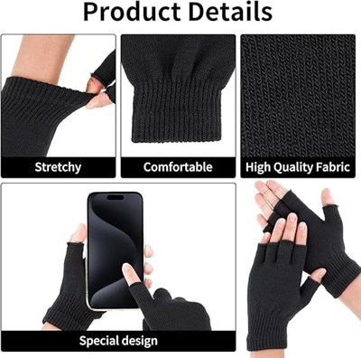 AEE® 2 Çift Yarım Parmak Eldiven – Örme Siyah Unisex Eldiven | Kesik Parmak Parmaksız Kışlık Erkek Kadın Eldiven