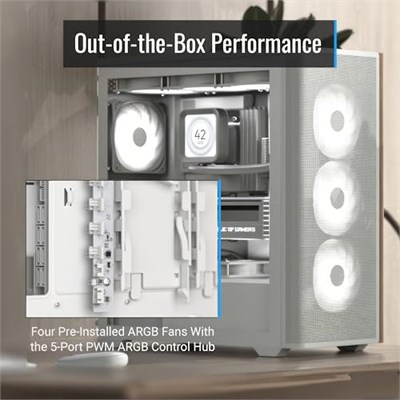 Aerocool D501A ARGB Fanlı Beyaz ATX Bilgisayar Kasası - Seçenekler: Ahşap Vurgulu Örgü Ön, File Ön