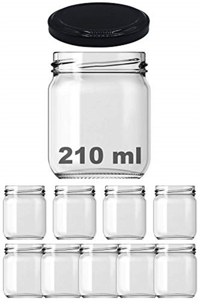 Afracam 210 ml Siyah Metal Kapaklı Şeffaf Cam Kavanoz 9 Adet