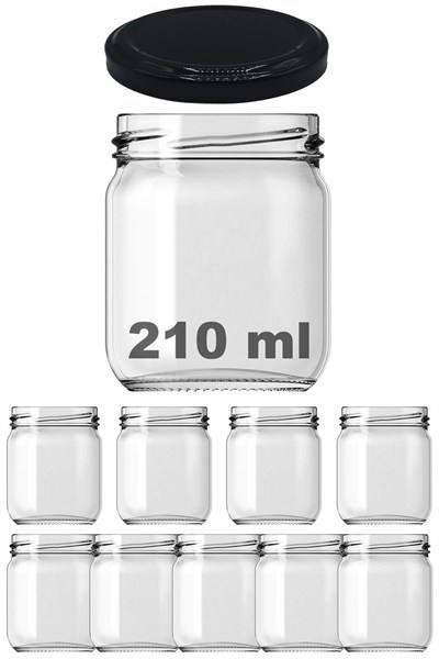 Afracam 210 ml Siyah Metal Kapaklı Şeffaf Cam Kavanoz 9 Adet
