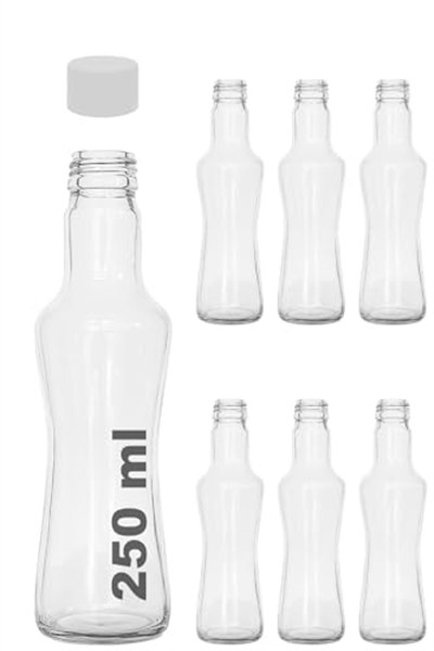 Afracam 250 ml Şeffaf İnce Belli Kapaklı Cam Şişe 250 cc Meşrubat Şişesi 6 Adet (Beyaz Kapak)