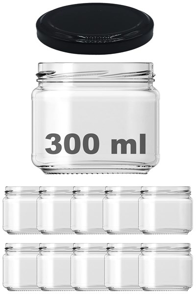 Afracam 300 ml Metal Siyah Kapaklı Şeffaf Cam Kavanoz 10 Adet