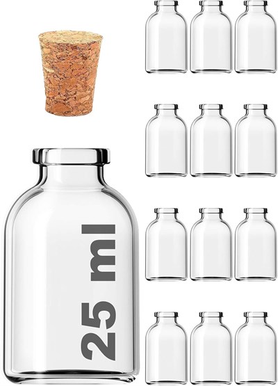 Afracam Şeffaf 25 ml / 25 cc Mantar Tıpalı Boş Cam Şişe 12 Adet