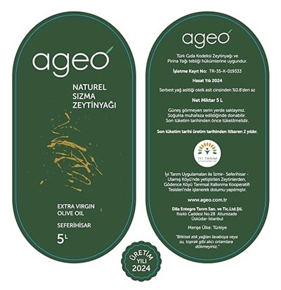 ageo – FİLTRESİZ natürel sızma zeytinyağı, 5 lt. Teneke Kutu, 2024 Üretim