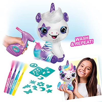 Airbrush Plush Tek Boynuzlu At Süslemeli + Üzeri, 4 Yıkamalı Tebeşir Kalemi, Akülü Hava Fırçası, 100+ Çıkartma Şablonu. 6 Yaş ve Üzeri İçin, Beyaz