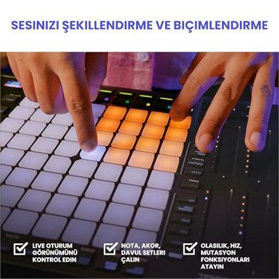 Akai Professional APC64 Ableton MIDI Kontrol Cihazı, 8 Dokunmatik Şerit, Adım Sıralayıcı, 64 RGB Hıza Duyarlı Pedler, CV Kapıları, MIDI Giriş ve Çıkış, USB-C - Seçenekler: APC64, APC MINI 2