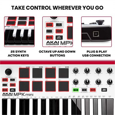 AKAI Professional MPK Mini MKII LE White - 16 arkadan aydınlatmalı pad, 8 atanabilir Q-link kontrolü ve 4 yönlü kumanda kolu ile taşınabilir 25 düğmeli USB MIDI klavye kontrol cihazı