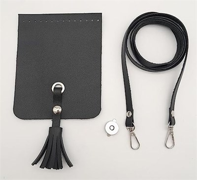 Aksesuar Siyah Suni Deri Püskül Kapaklı Cep Telefonu Mini Bag Seti Gümüş Metal