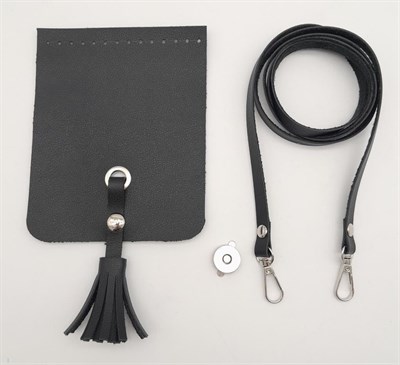 Aksesuar Siyah Suni Deri Püskül Kapaklı Cep Telefonu Mini Bag Seti Gümüş Metal