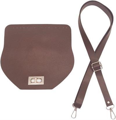 Aksesuar Suni Deri 21x19 cm Kapaklı ve Ayarlı Saplı Seti Koyu Kahverengi Gümüş Metalli