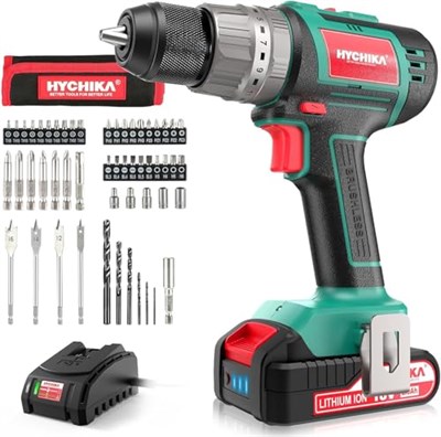 Akülü tornavida 60 Nm maks, HYCHIKA 18 V matkap, 2 x 2,0 Ah akü ve 57 parça aksesuar seti, fırçasız motor, 2 vites, 21 + 3 tork kademesi, çekiç fonksiyonlu matkap