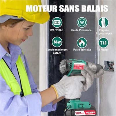 Akülü tornavida 60 Nm maks, HYCHIKA 18 V matkap, 2 x 2,0 Ah akü ve 57 parça aksesuar seti, fırçasız motor, 2 vites, 21 + 3 tork kademesi, çekiç fonksiyonlu matkap
