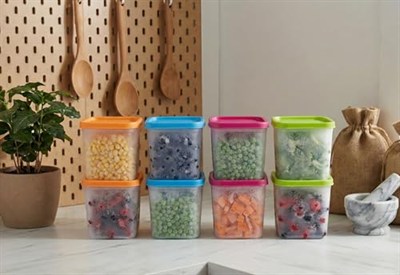 Alaska 8li Derin Dondurucu Saklama Kabı Seti - 380 ml Kar Tanesi Desenli Erzak Kabı - Kırılmaz Esnek Yapı, BPA Free (4 Renk x 2 Adet)