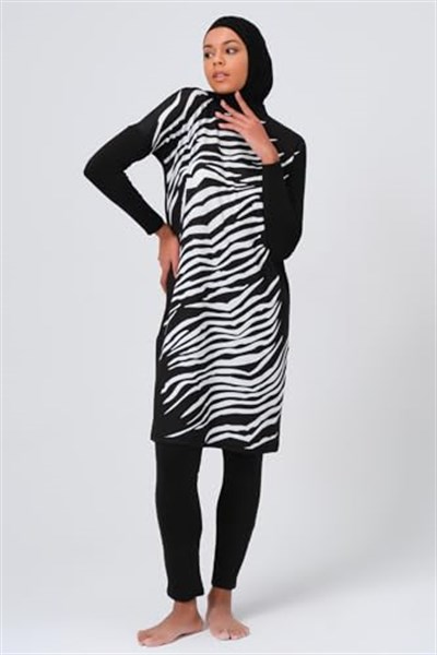 Alfasa Önü Zebra Desenli Kadın Tam Kapalı Tesettür Mayo 23691 Siyah
