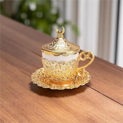 Alisveristime Hilal Motifli Türk Kahvesi Fincanı ve Tabağı – Zamak Gövde, Porselen İç Kupa – Geleneksel Gelincik Model (Tekli) (Altın Sarısı)