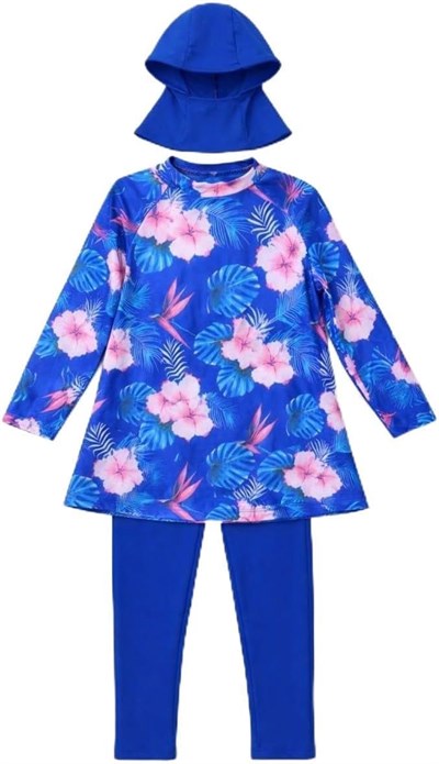 Alkin Kids Kız Çocuk Burkini Takımı, Mavi Çiçek Desenli, Uzun Kollu, Taytlı, Bone Dahil, 7-16 Yaş - Seçenekler: 7-8 Yıl, 9-10 Yıl