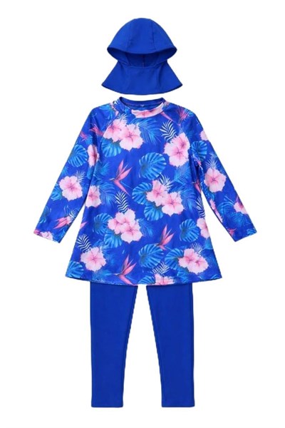 Alkin Kids Kız Çocuk Burkini Takımı, Mavi Çiçek Desenli, Uzun Kollu, Taytlı, Bone Dahil, 7-16 Yaş - Seçenekler: 7-8 Yıl, 9-10 Yıl