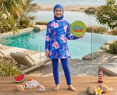 Alkin Kids Kız Çocuk Burkini Takımı, Mavi Çiçek Desenli, Uzun Kollu, Taytlı, Bone Dahil, 7-16 Yaş - Seçenekler: 7-8 Yıl, 9-10 Yıl