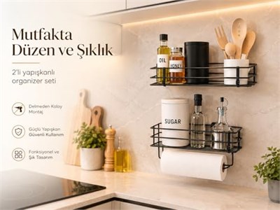Alper Banyo 2’li Yapışkanlı Siyah Mutfak Organizer Seti, Metal Baharatlık ve Yağlık Raf, Kağıt Havluluklu Alt Raf, Delmeden Kolay Kurulumlu Mutfak Düzenleyici