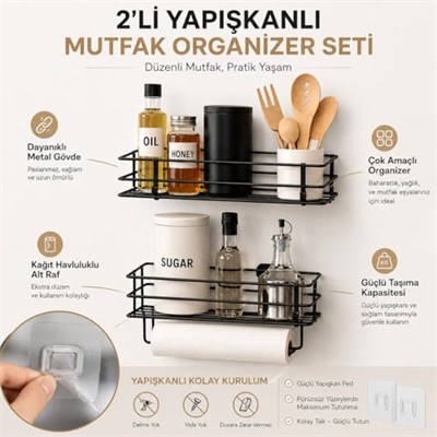 Alper Banyo 2’li Yapışkanlı Siyah Mutfak Organizer Seti, Metal Baharatlık ve Yağlık Raf, Kağıt Havluluklu Alt Raf, Delmeden Kolay Kurulumlu Mutfak Düzenleyici