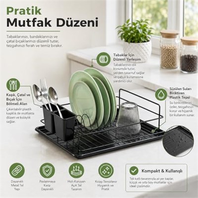 Alper Banyo Ömür Boyu Paslanmaz Siyah Bulaşıklık Bulaşık Süzgeci Tek Katlı Tabaklık Termo Plastik Kaplama