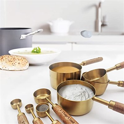 Altın Ölçüm Bardakları ve Kaşık Seti, Kokulu Ahşap Saplı, Ölçüm Bardakları, Metal Ölçüm Kaşıkları ve Yemek Pişirme ve Pişirme için Ölçüm Kabı Seti, 8li Set
