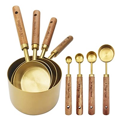 Altın Ölçüm Bardakları ve Kaşık Seti, Kokulu Ahşap Saplı, Ölçüm Bardakları, Metal Ölçüm Kaşıkları ve Yemek Pişirme ve Pişirme için Ölçüm Kabı Seti, 8li Set
