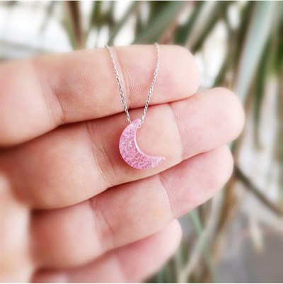 Altın Sepeti Gümüş Pembe Buzlu Taş Ay Kolye