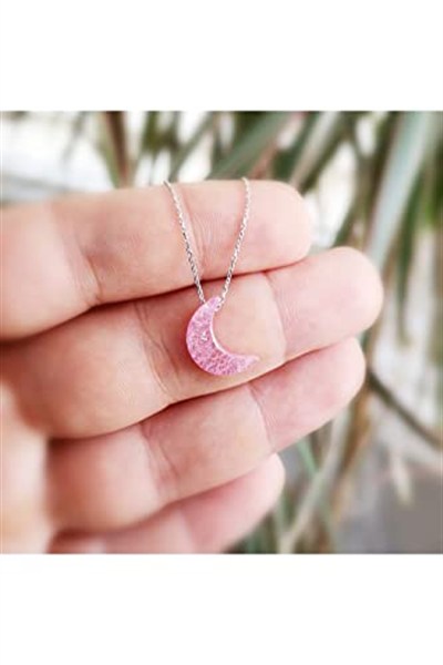 Altın Sepeti Gümüş Pembe Buzlu Taş Ay Kolye