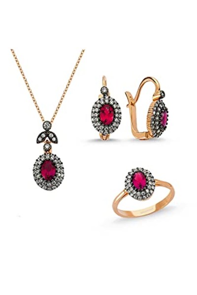 Altın Sepeti Kırmızı Beyaz Taşlı Set
