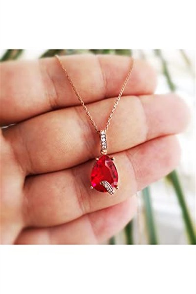 Altın Sepeti Rose Gümüş Kırmızı Damla Taşlı Kolye