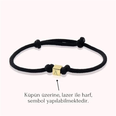 Altınköşe Altın Küp Siyah İpli Bileklik 14 Ayar, Sevgililer Günü Hediye Bileklik, Sevgiliye Hediye