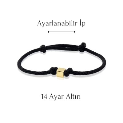 Altınköşe Altın Küp Siyah İpli Bileklik 14 Ayar, Sevgililer Günü Hediye Bileklik, Sevgiliye Hediye