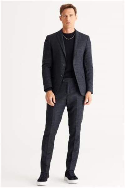 ALTINYILDIZ CLASSICS Slim Fit Dar Kesim Mono Yaka Yünlü Desenli Takım Elbise, Lacivert, 56-6 Drop
