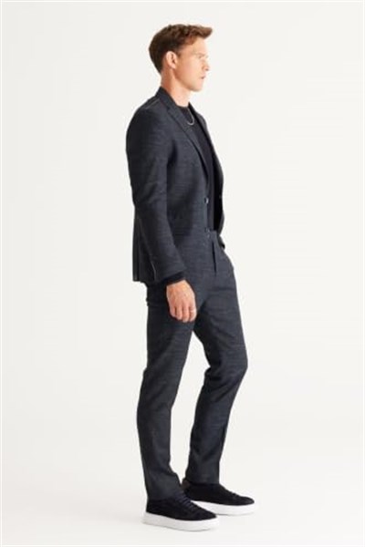 ALTINYILDIZ CLASSICS Slim Fit Dar Kesim Mono Yaka Yünlü Desenli Takım Elbise, Lacivert, 56-6 Drop