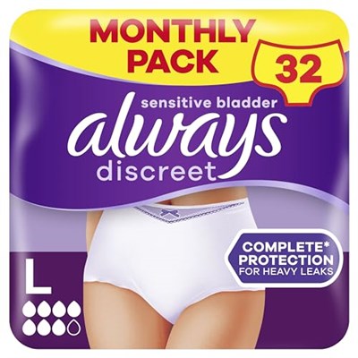 Always Discreet inkontinans pantolon beden L (32 külot) aylık paket, Plus, gizli koruma ve yüksek gücü, koku nötralize edici, 4 x 8 adet