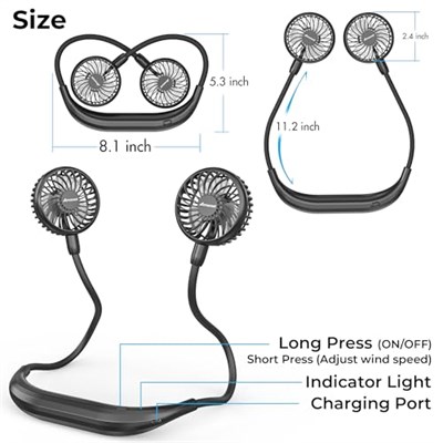 Amacool 2600mAh Pille Çalışan Boyun Fanı, Boyun Bantlı ve 6 Hızlı Taşınabilir USB Fan Ev Ofis Seyahat Dış Mekan Sporları için (Siyah)
